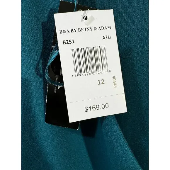 Betsy & Adam Christine Scuba Formal Crepe Ruffled Bow Gown Azure 12 NWT - Picture 6 of 6